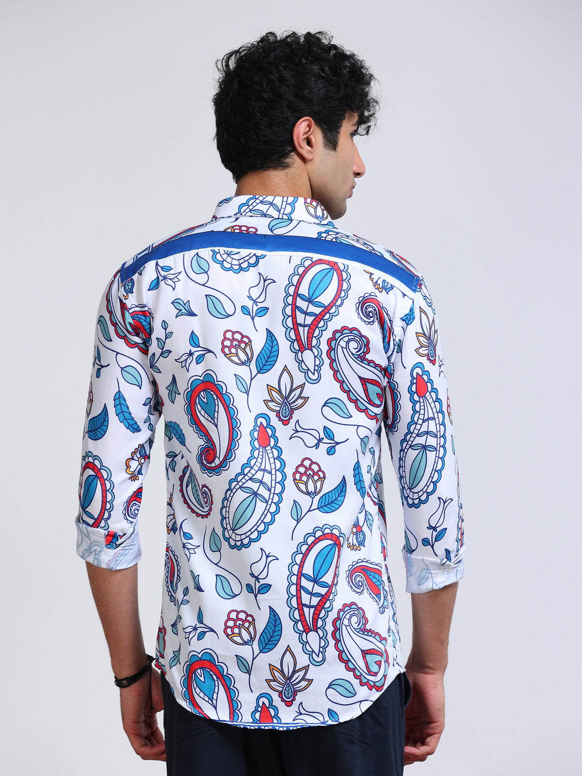 Men's Modal Satin White Blue Paisley Printed Shirt