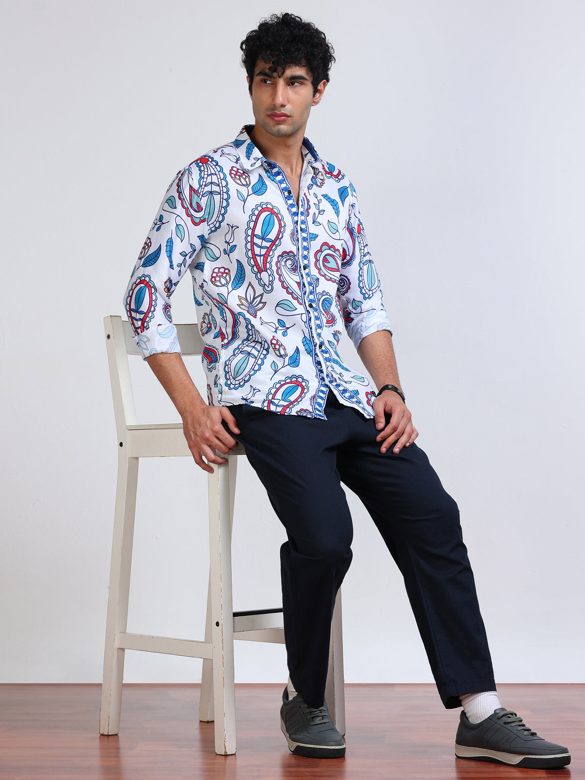Men's Modal Satin White Blue Paisley Printed Shirt