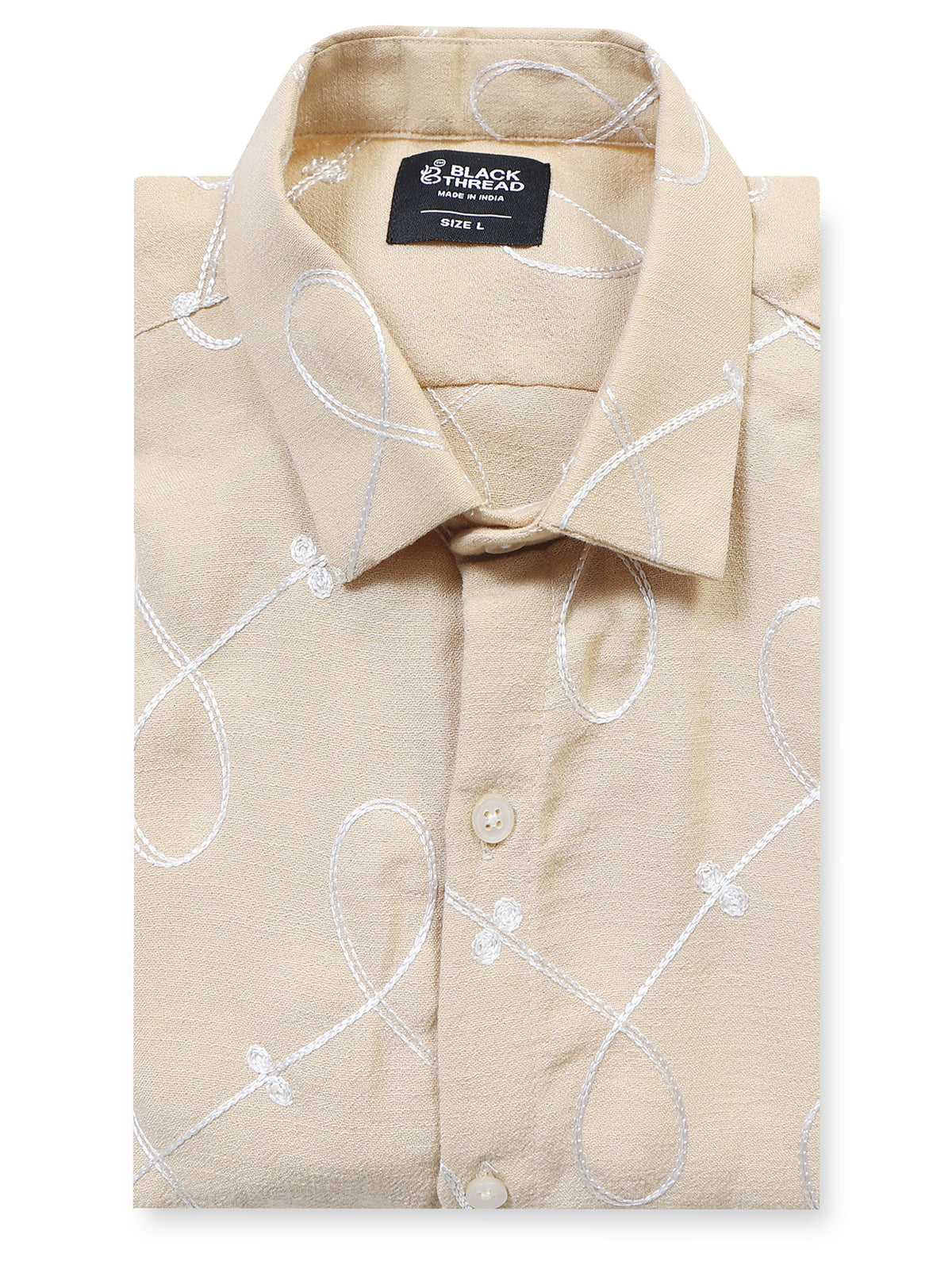 Men's Linen Beige Swirl Embroidery Shirt