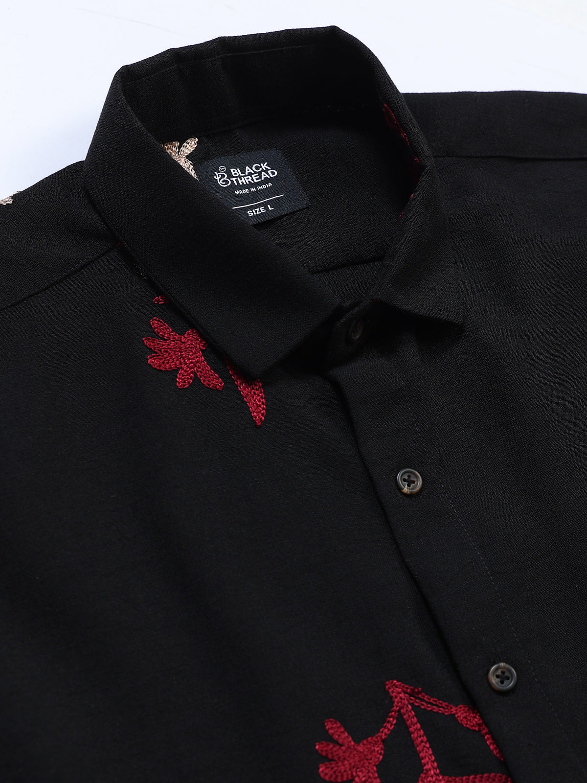 Men's Linen Black Red Floral Embroidery Shirt