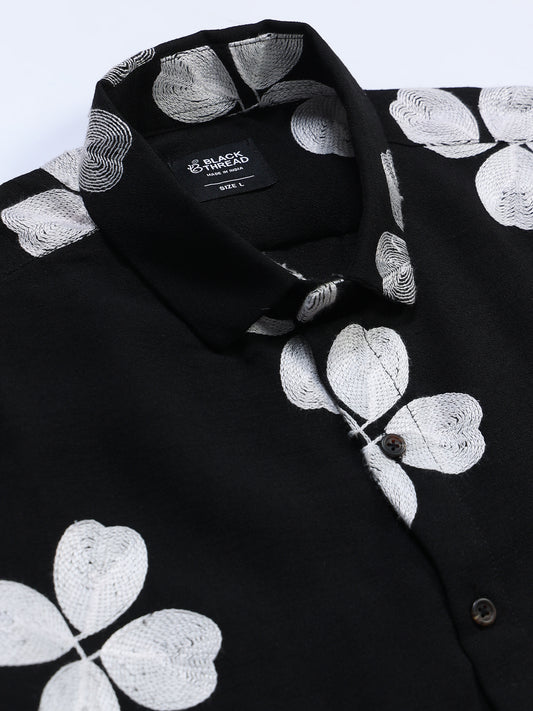 Men's Linen Black Clover Leaf Embroidery Shirt