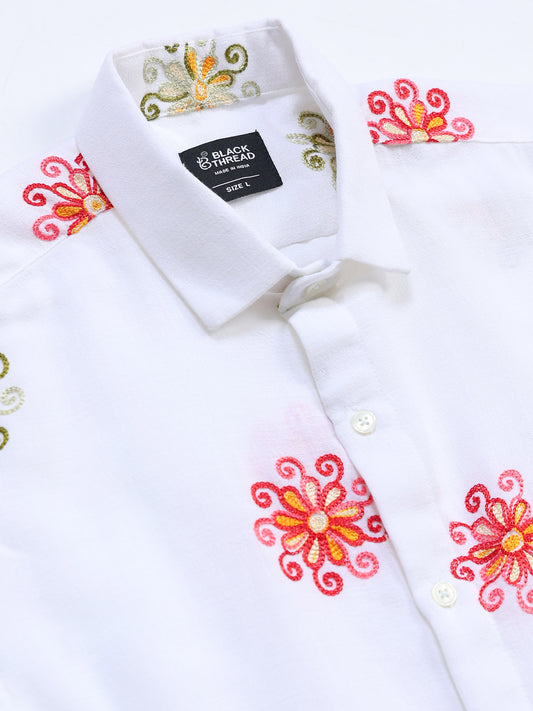 Men's Linen White Floral Embroidery Shirt