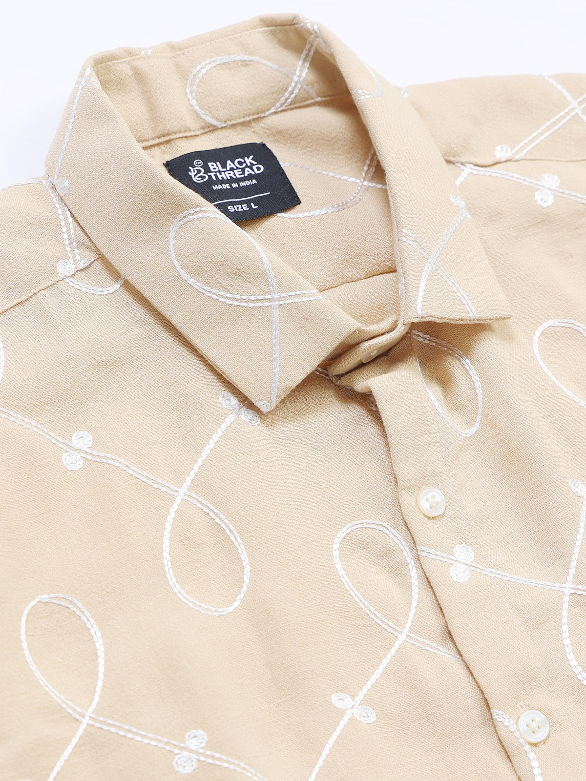 Men's Linen Beige Swirl Embroidery Shirt