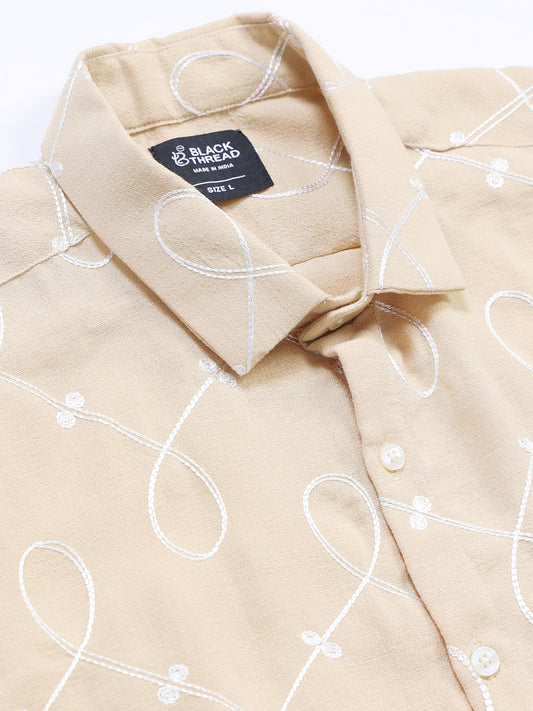 Men's Linen Beige Swirl Embroidery Shirt