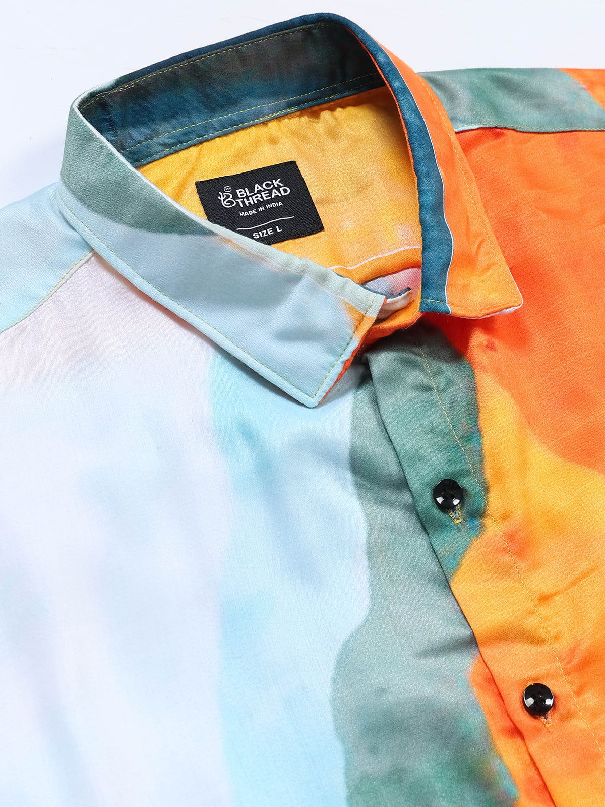 Men's Modal Satin Orange Teal Abstract Brushstroke Printed Shirt