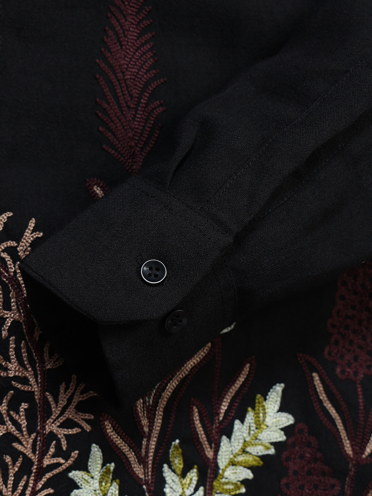 Men's Linen Black Botanical Border Embroidery Shirt