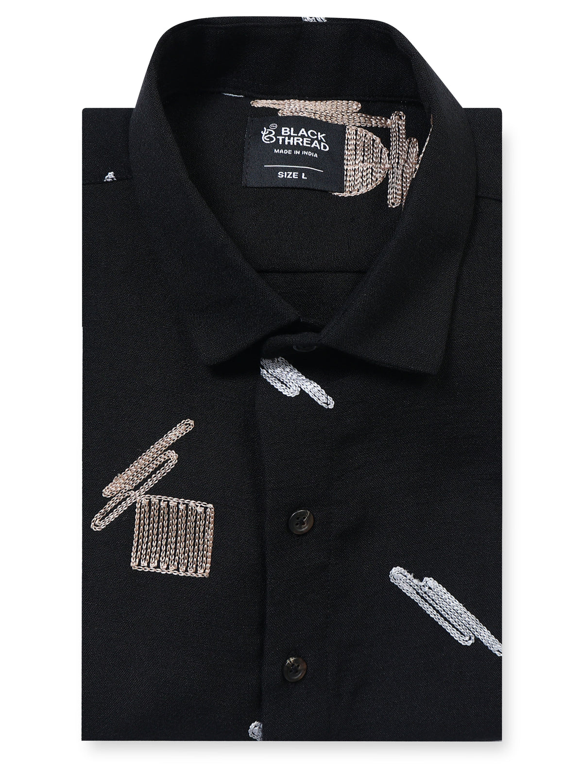 Men's Linen Black Abstract Motif Embroidery Shirt
