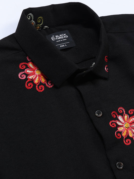 Men's Linen Black Multicolour Floral Embroidery Shirt