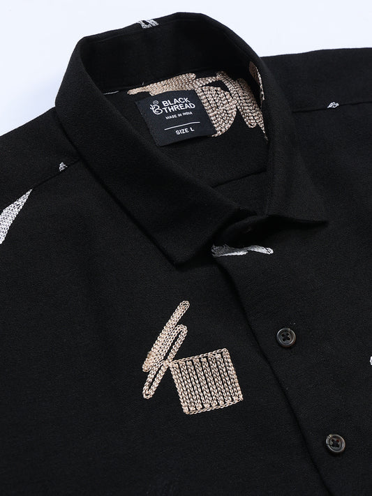 Men's Linen Black Abstract Motif Embroidery Shirt