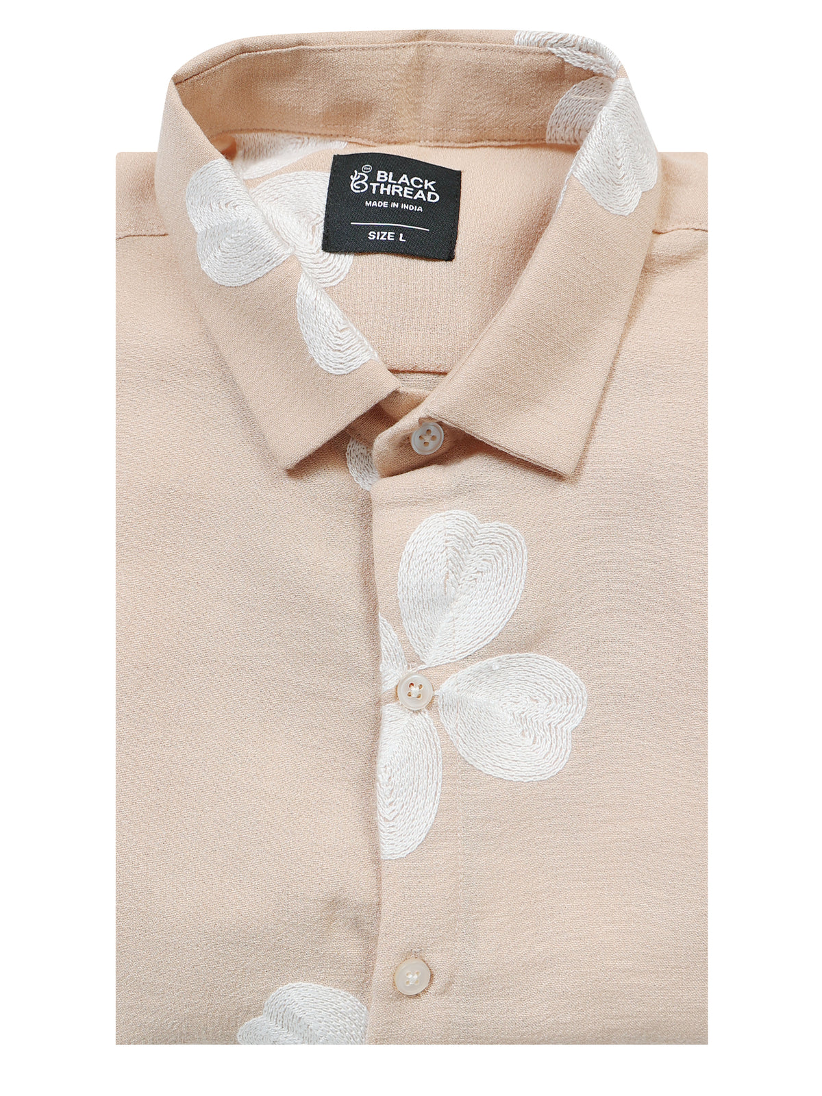 Men's Linen Beige Clover Leaf Embroidery Shirt