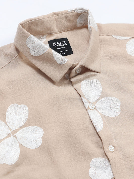 Men's Linen Beige Clover Leaf Embroidery Shirt