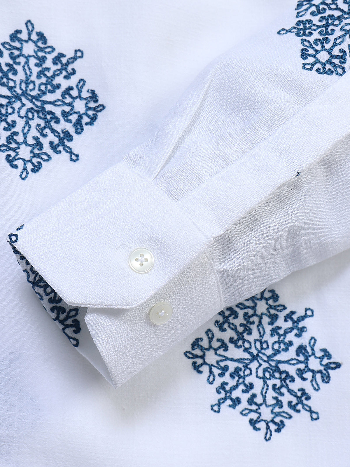 Men's Linen White Navy Tree Motif Embroidery Shirt