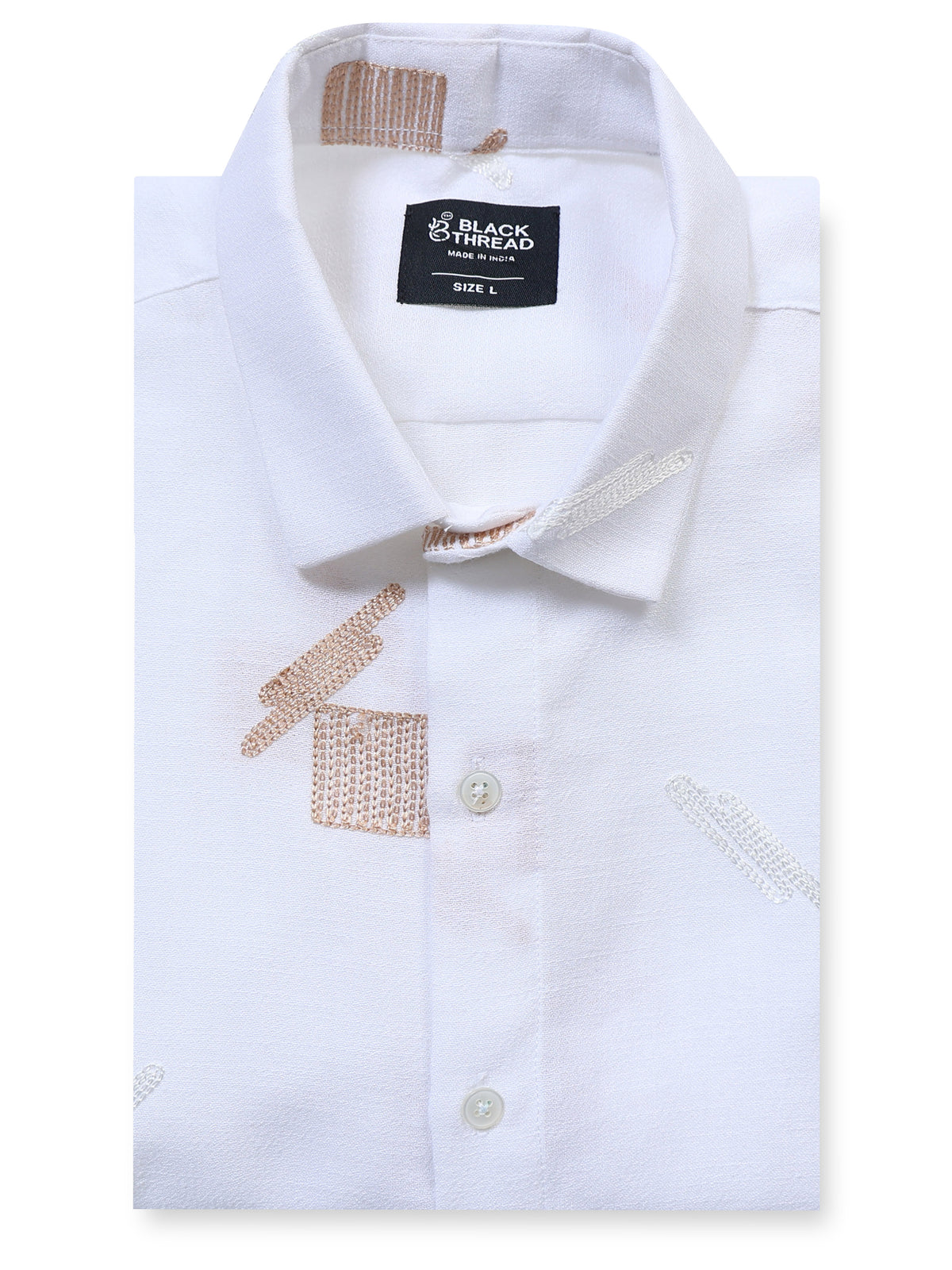 Men's Linen White Abstract Patch Embroidery Shirt