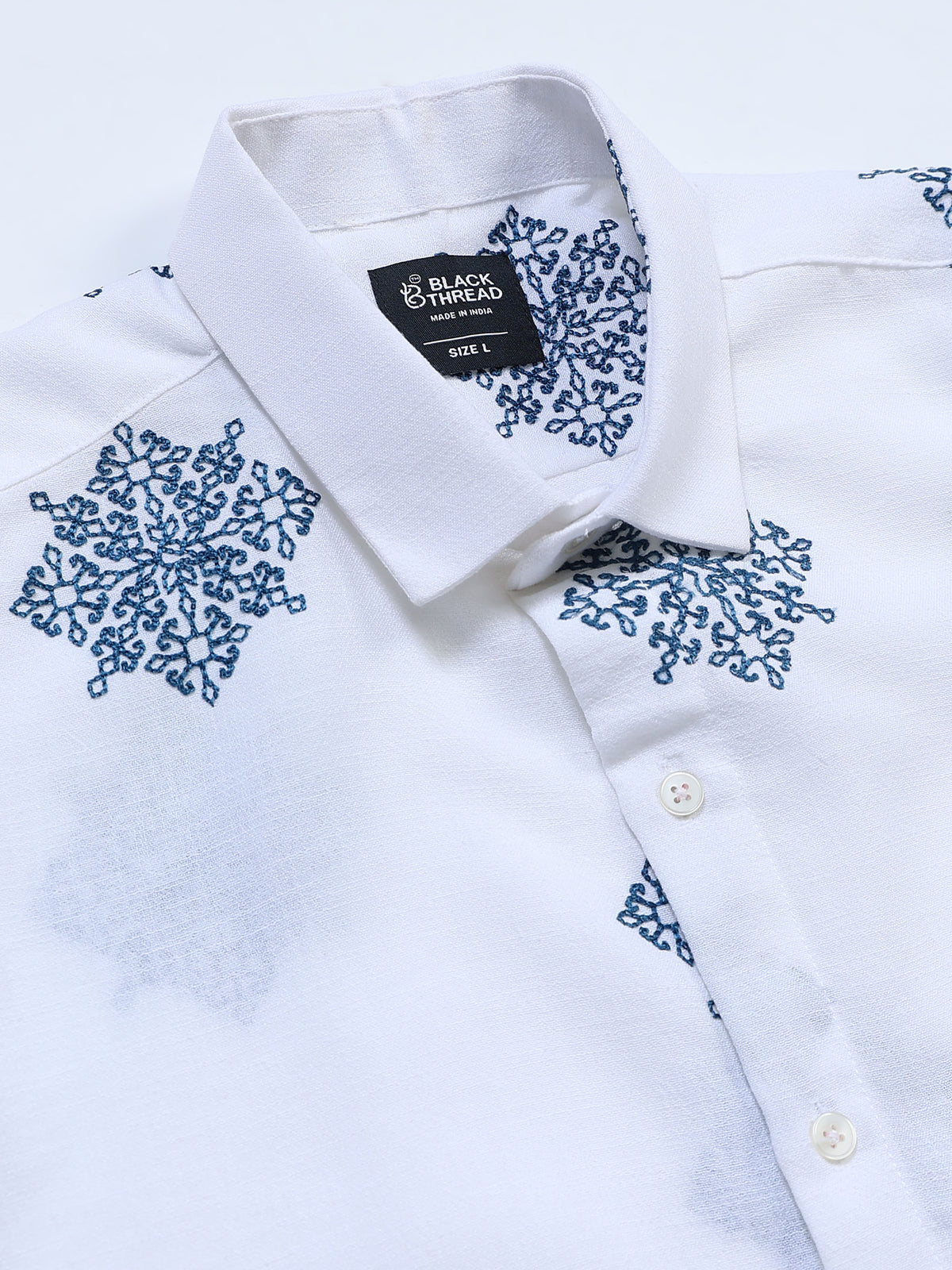 Men's Linen White Navy Tree Motif Embroidery Shirt