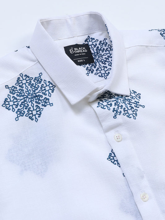 Men's Linen White Navy Tree Motif Embroidery Shirt