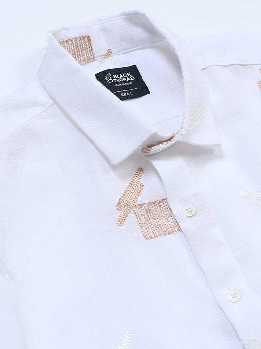 Men's Linen White Abstract Patch Embroidery Shirt