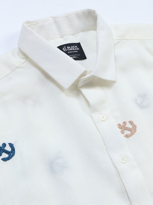 Men's Linen Off White Anchor Motif Embroidery Shirt