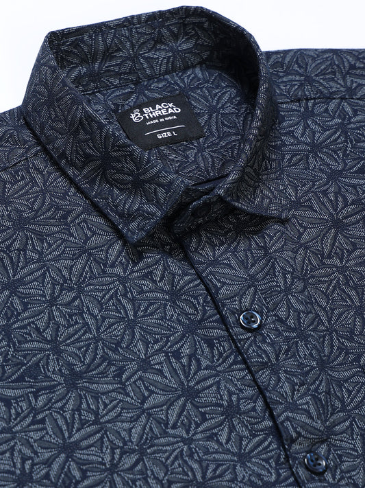 Men's Linen Navy Blue Dark Micro Pinwheel Star Geometric Printed Shirt