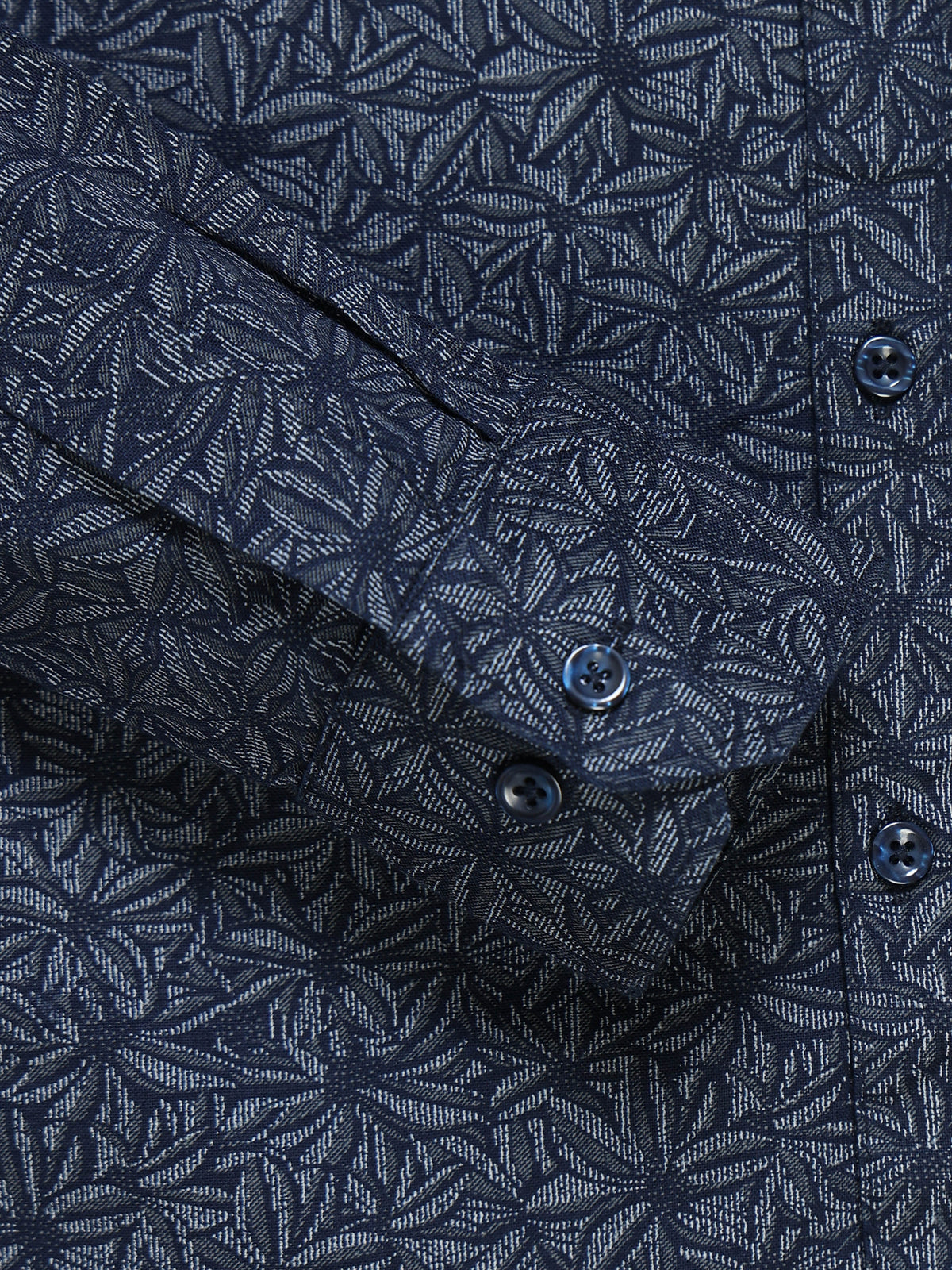Men's Linen Navy Blue Dark Micro Pinwheel Star Geometric Printed Shirt