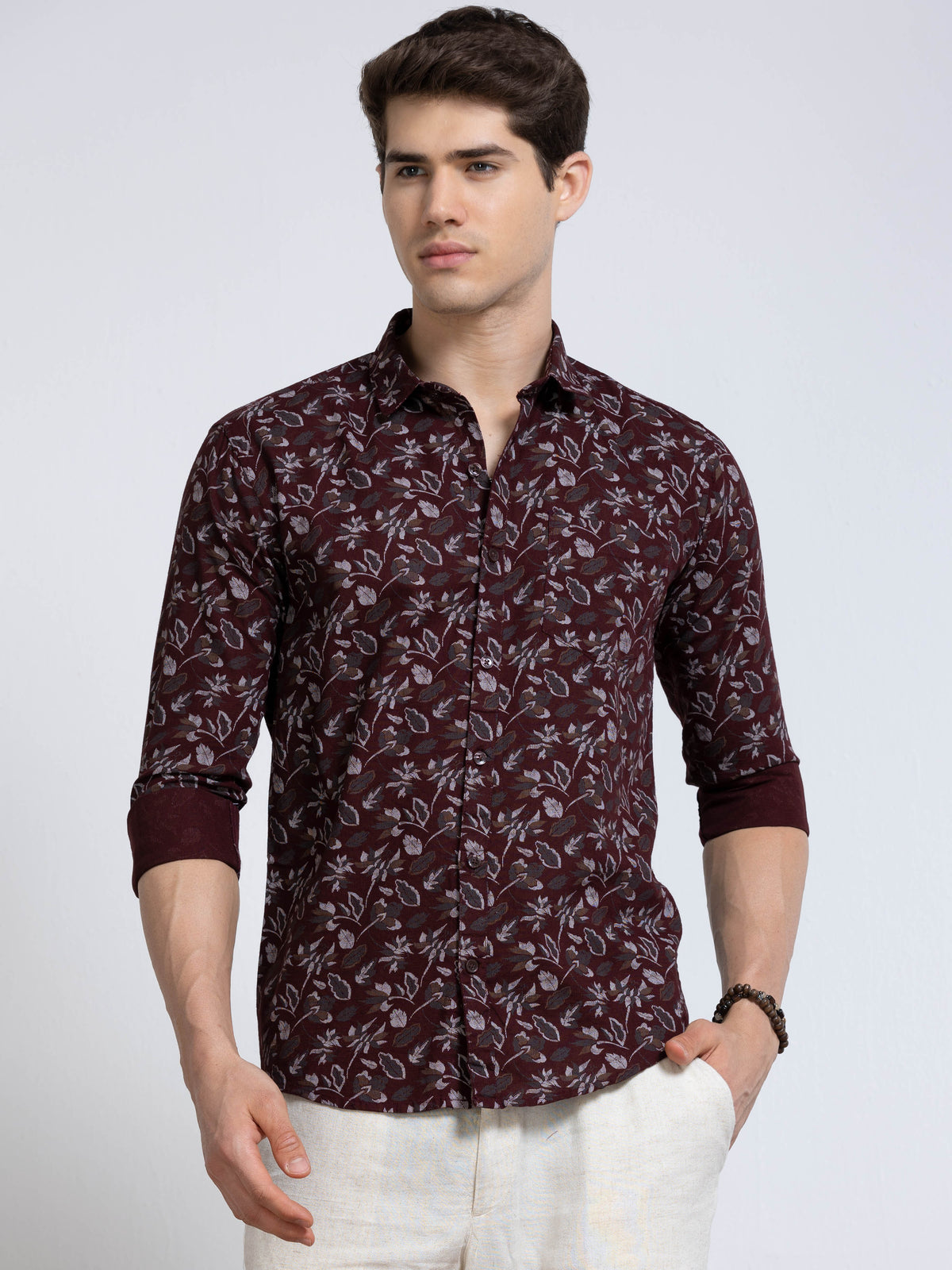 Men's Linen Wine Floral Printed Shirt