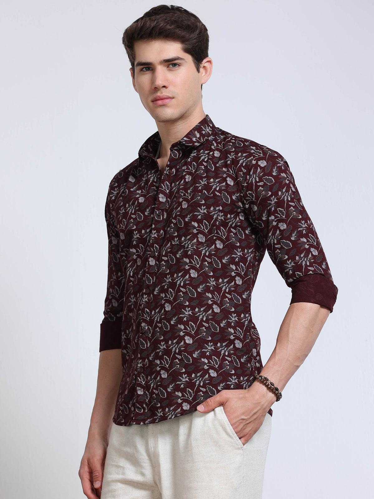 Men's Linen Wine Floral Printed Shirt