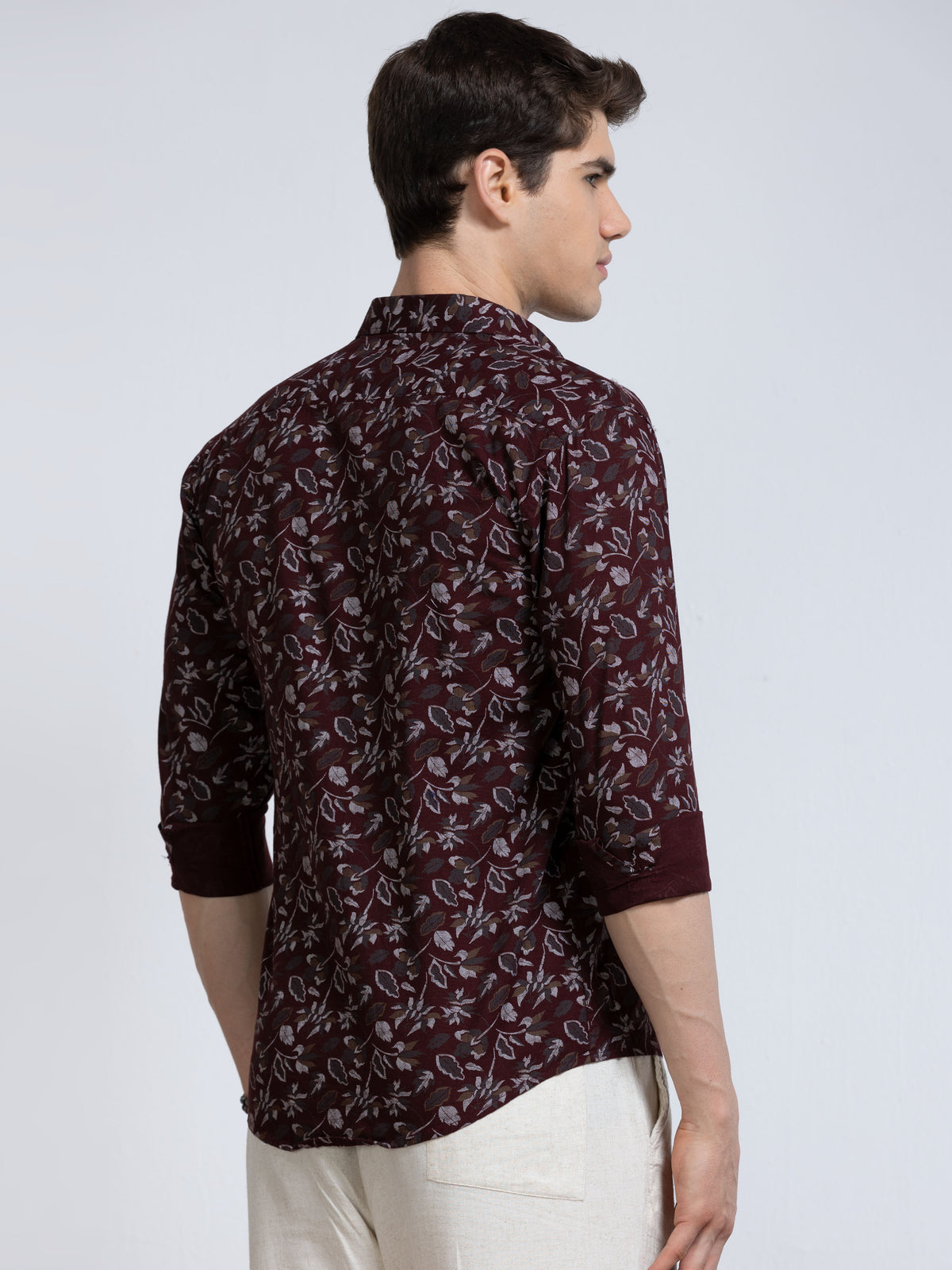 Men's Linen Wine Floral Printed Shirt