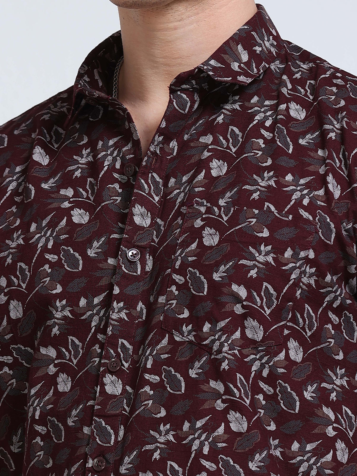 Men's Linen Wine Floral Printed Shirt