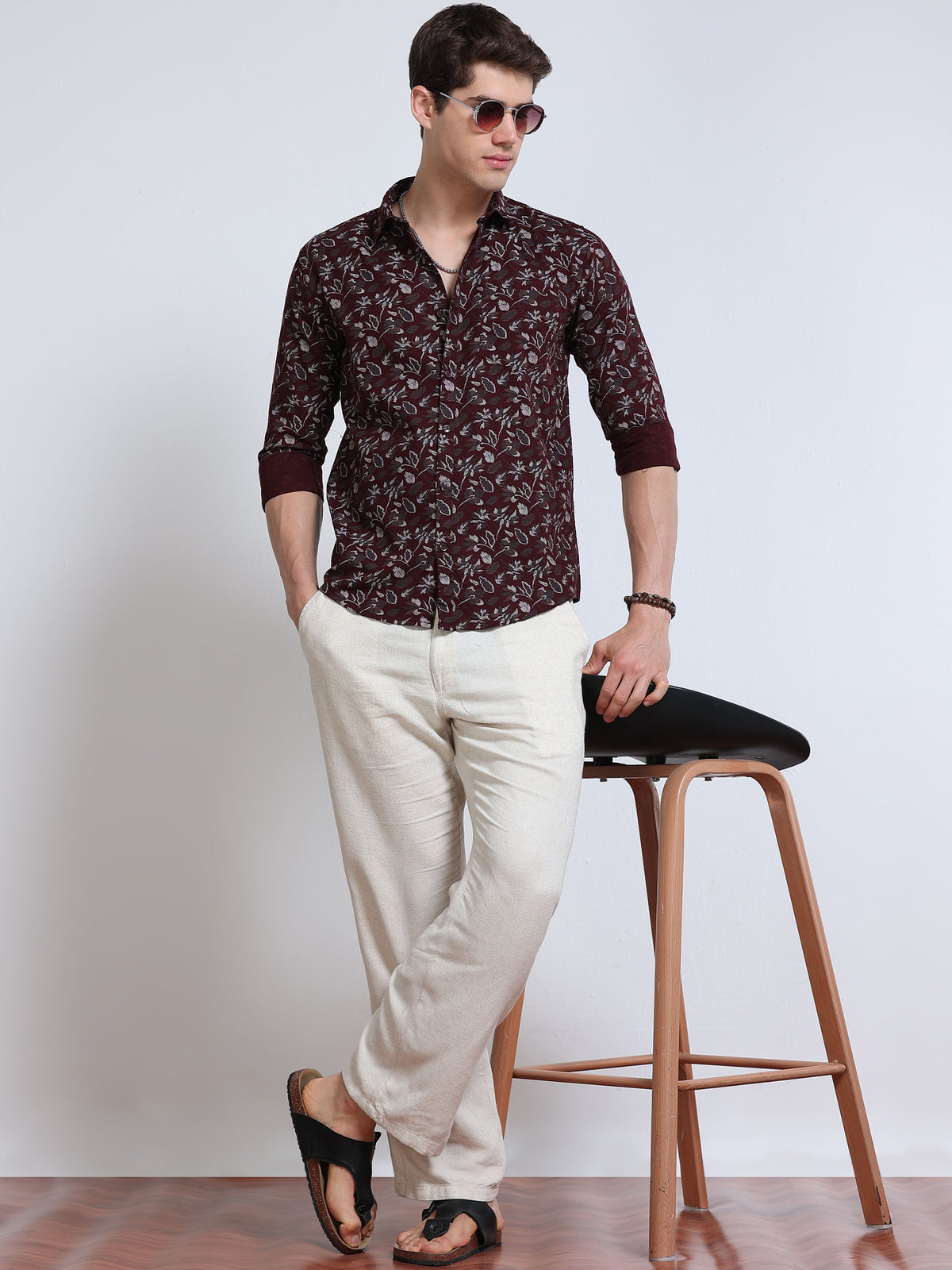 Men's Linen Wine Floral Printed Shirt