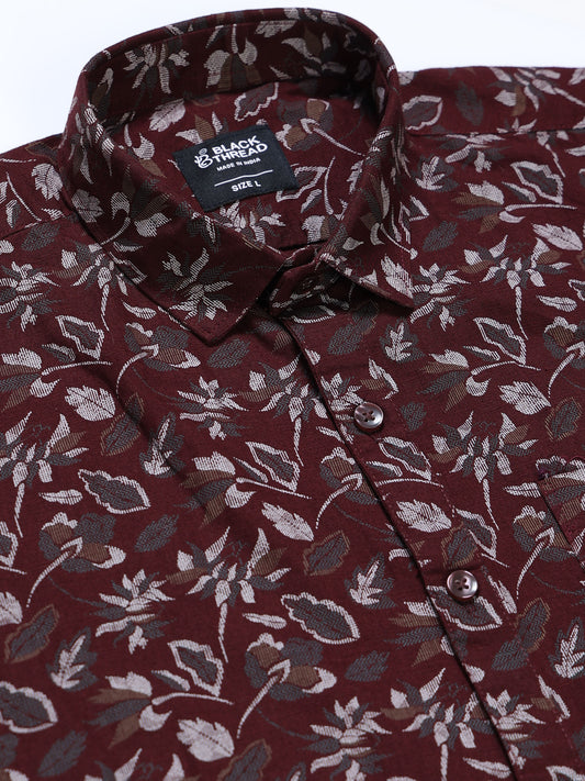 Men's Linen Wine Floral Printed Shirt