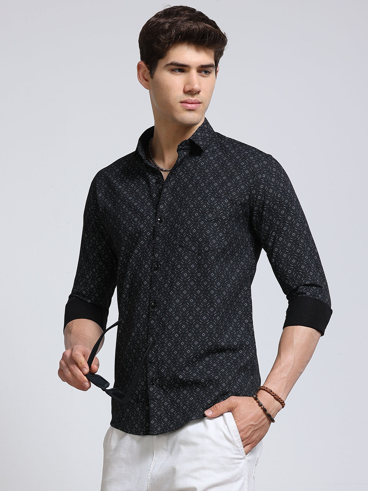 Men's Linen Black Micro Diamond Geometric Printed Shirt