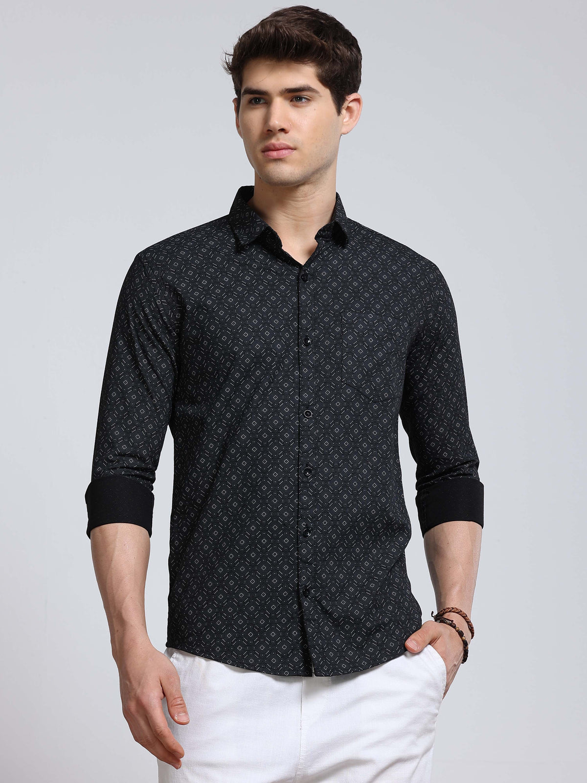 Men's Linen Black Micro Diamond Geometric Printed Shirt