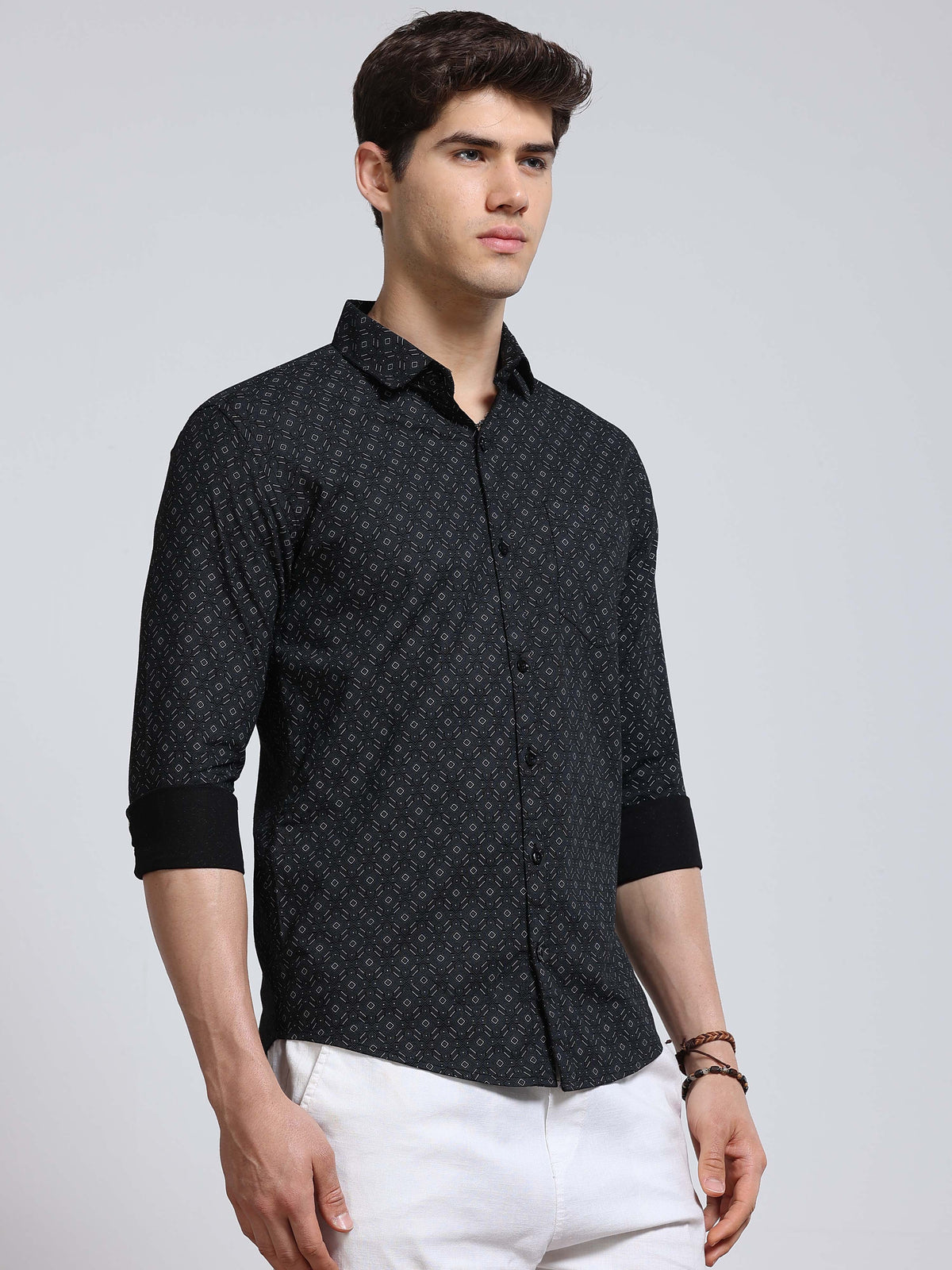 Men's Linen Black Micro Diamond Geometric Printed Shirt