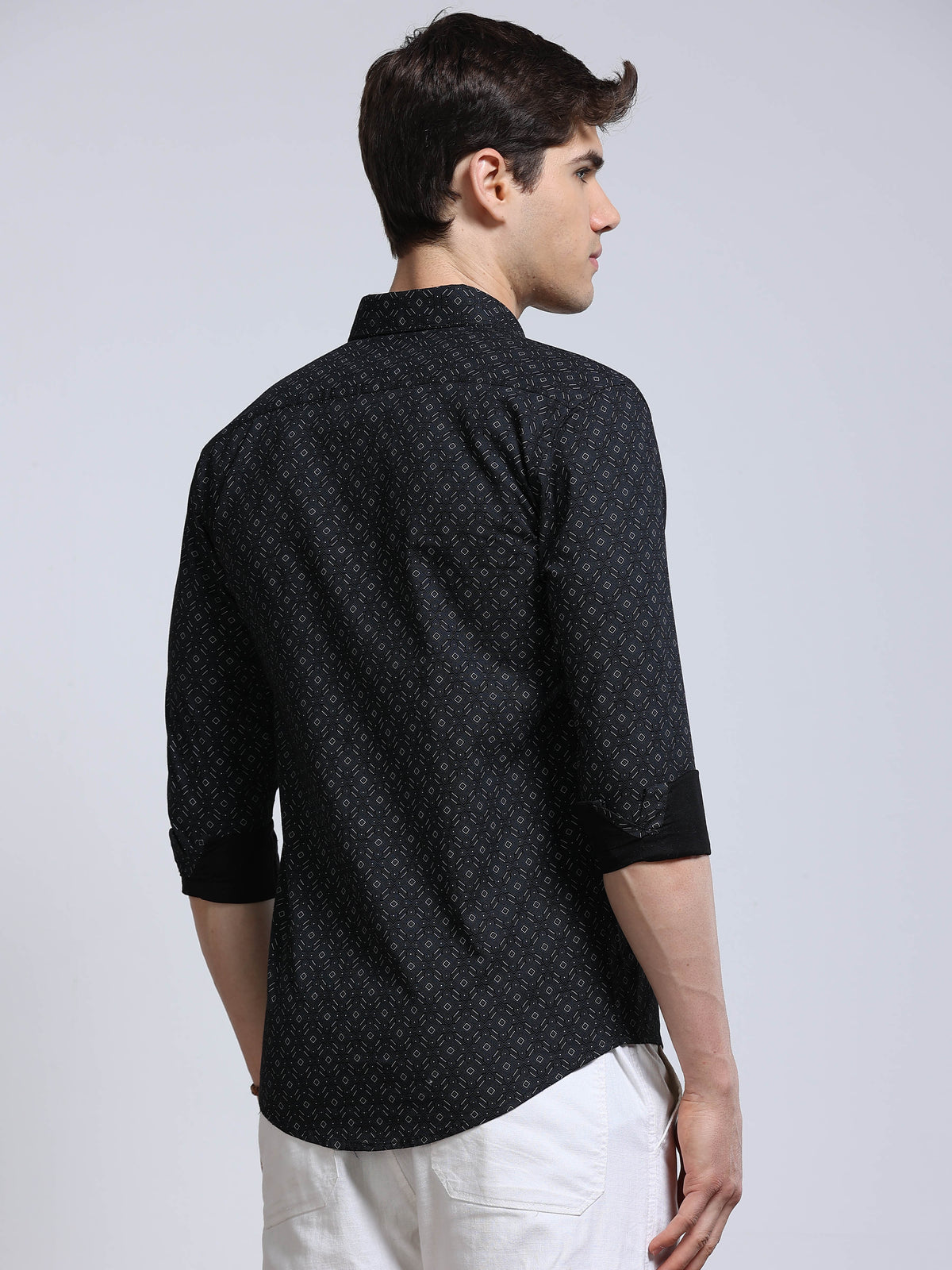 Men's Linen Black Micro Diamond Geometric Printed Shirt