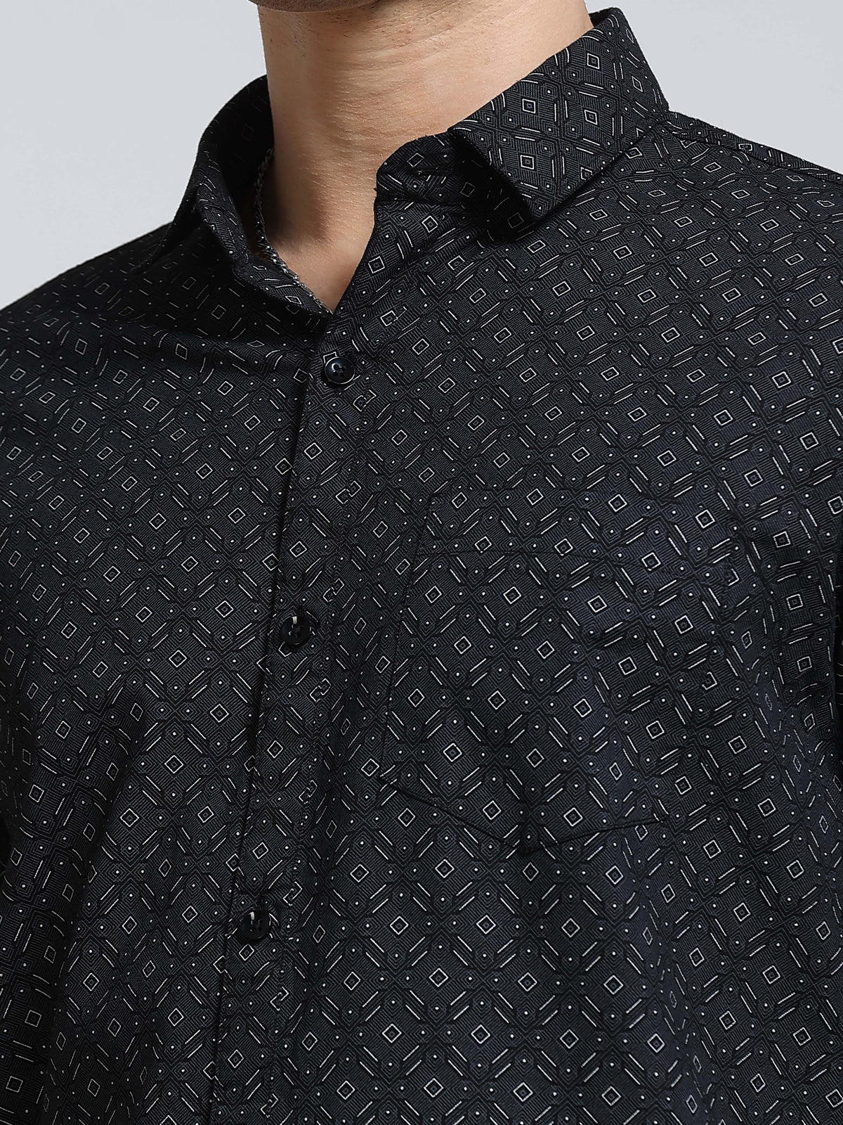 Men's Linen Black Micro Diamond Geometric Printed Shirt