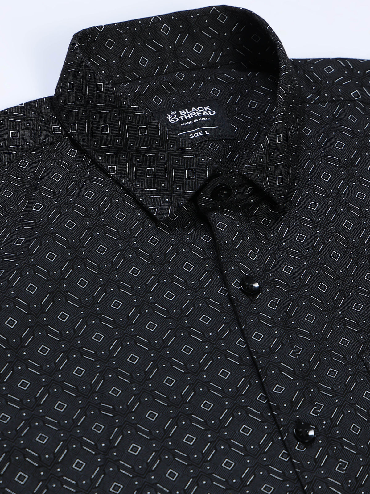 Men's Linen Black Micro Diamond Geometric Printed Shirt