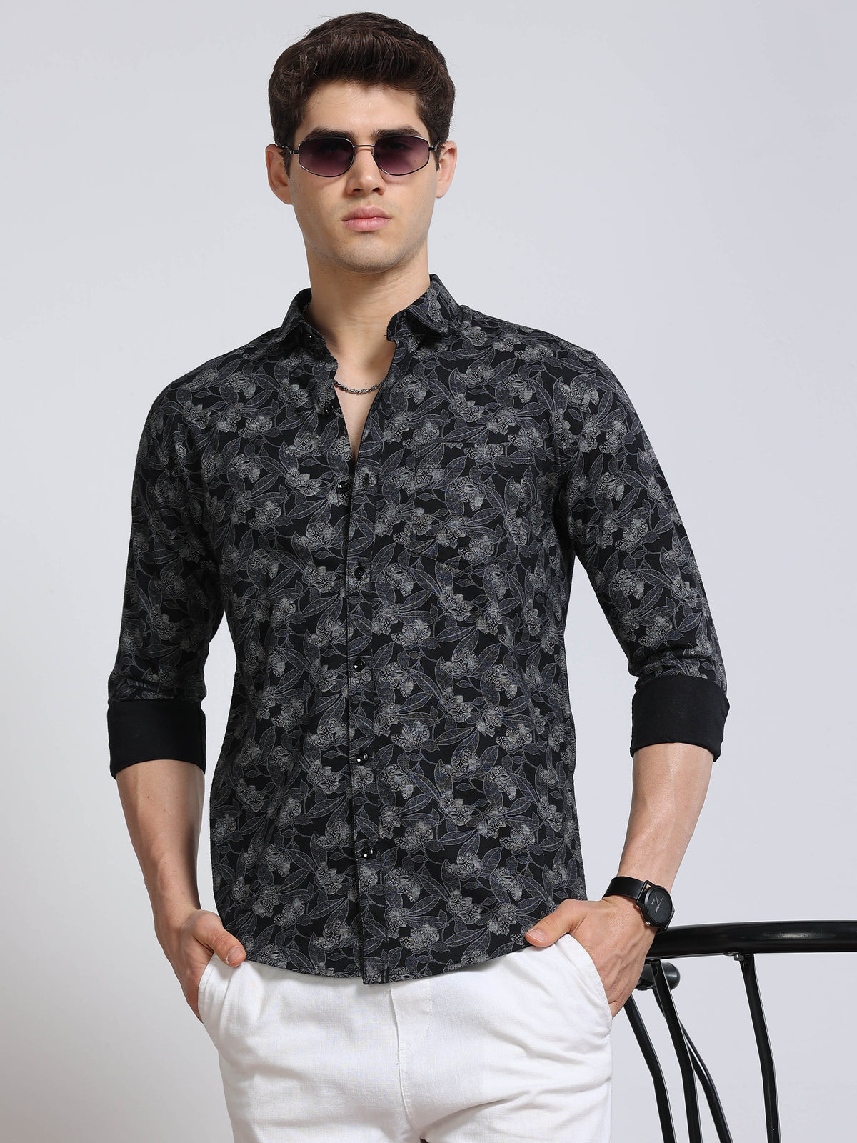 Men's Linen Black Floral Printed Shirt