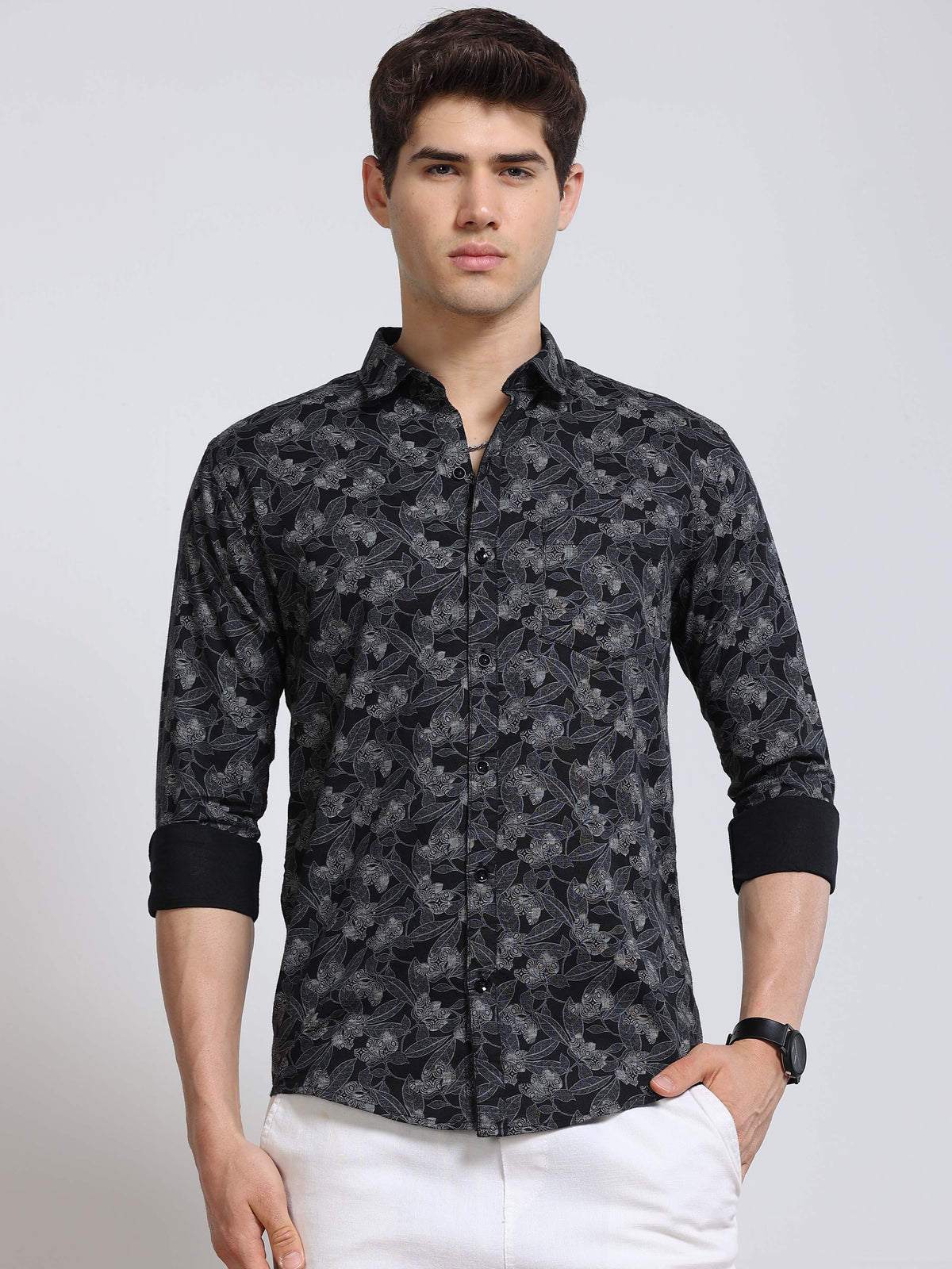 Men's Linen Black Floral Printed Shirt