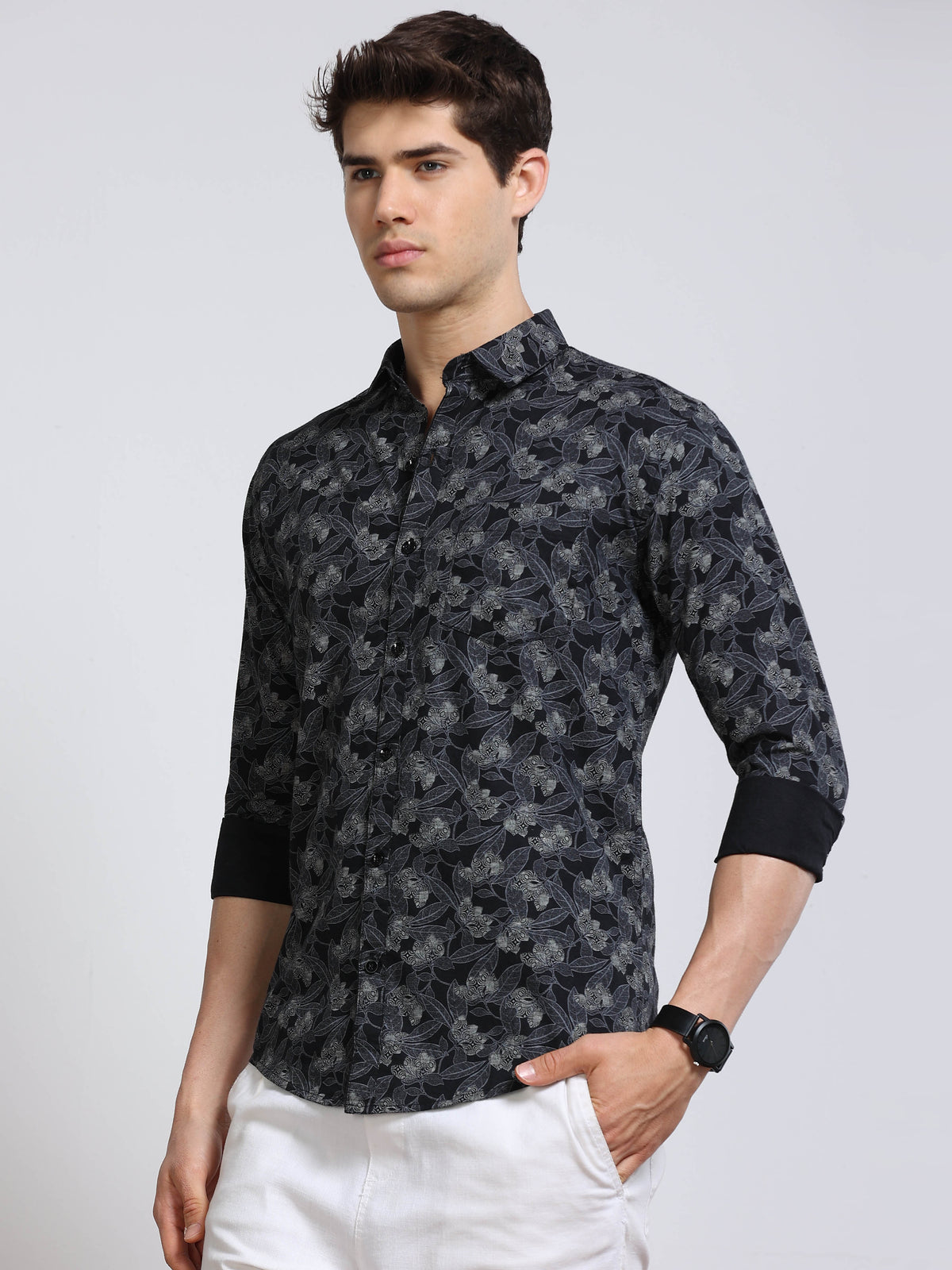 Men's Linen Black Floral Printed Shirt