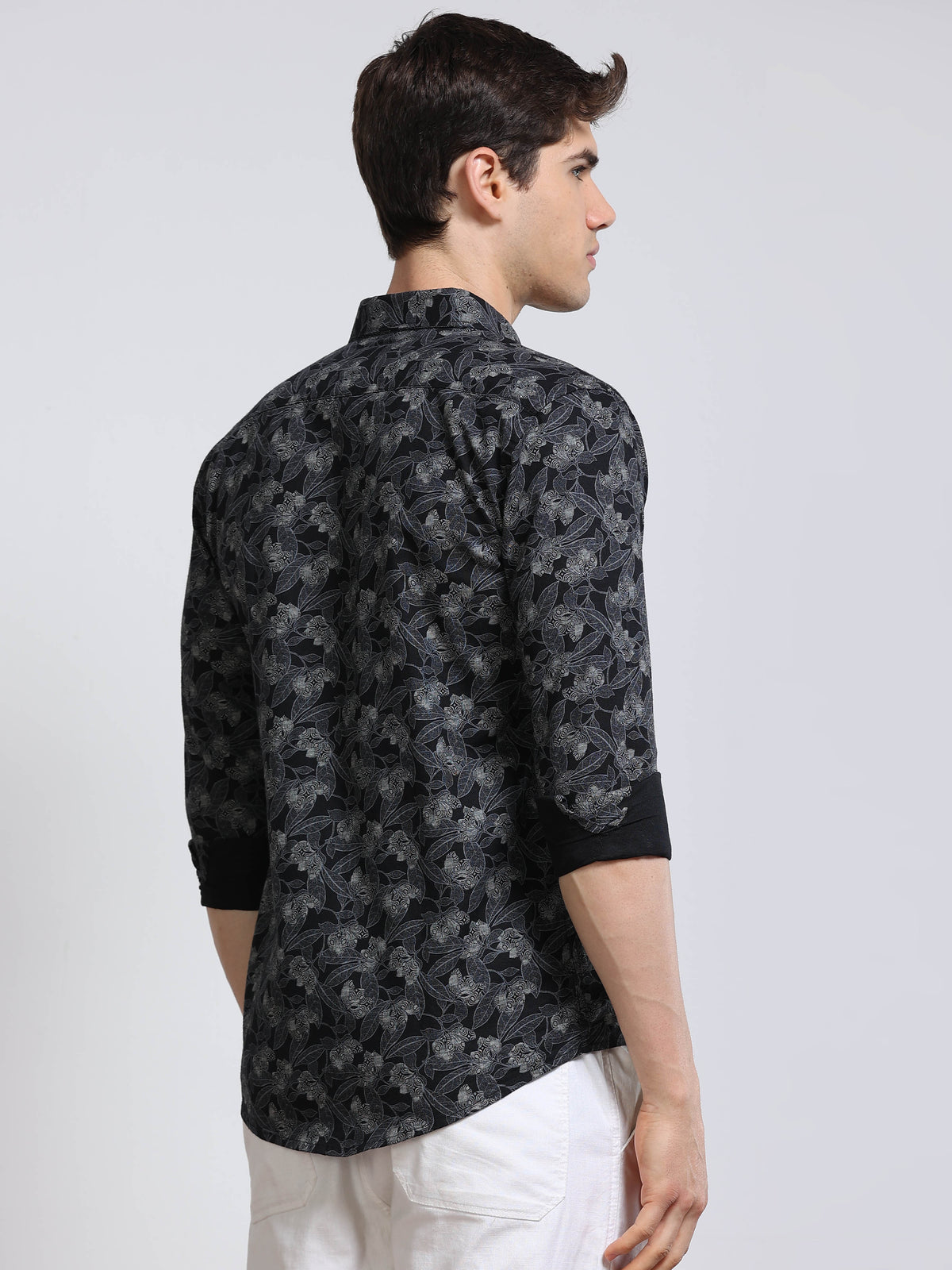 Men's Linen Black Floral Printed Shirt