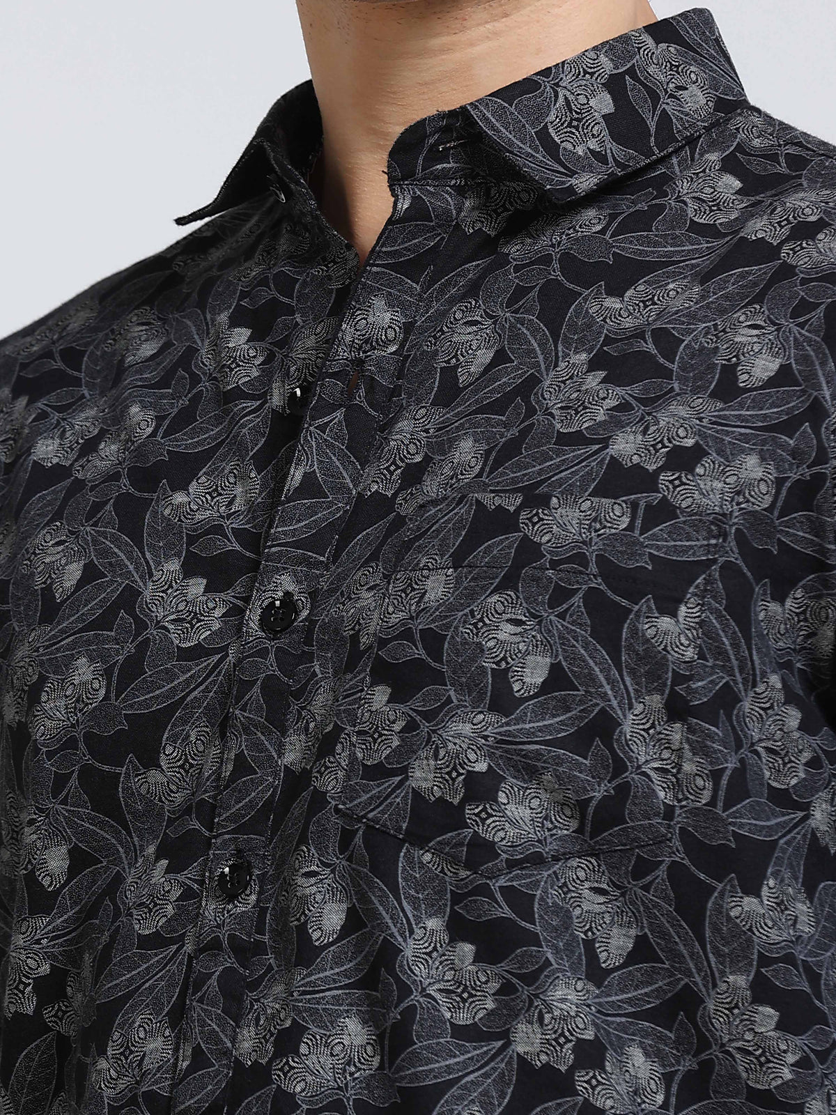 Men's Linen Black Floral Printed Shirt