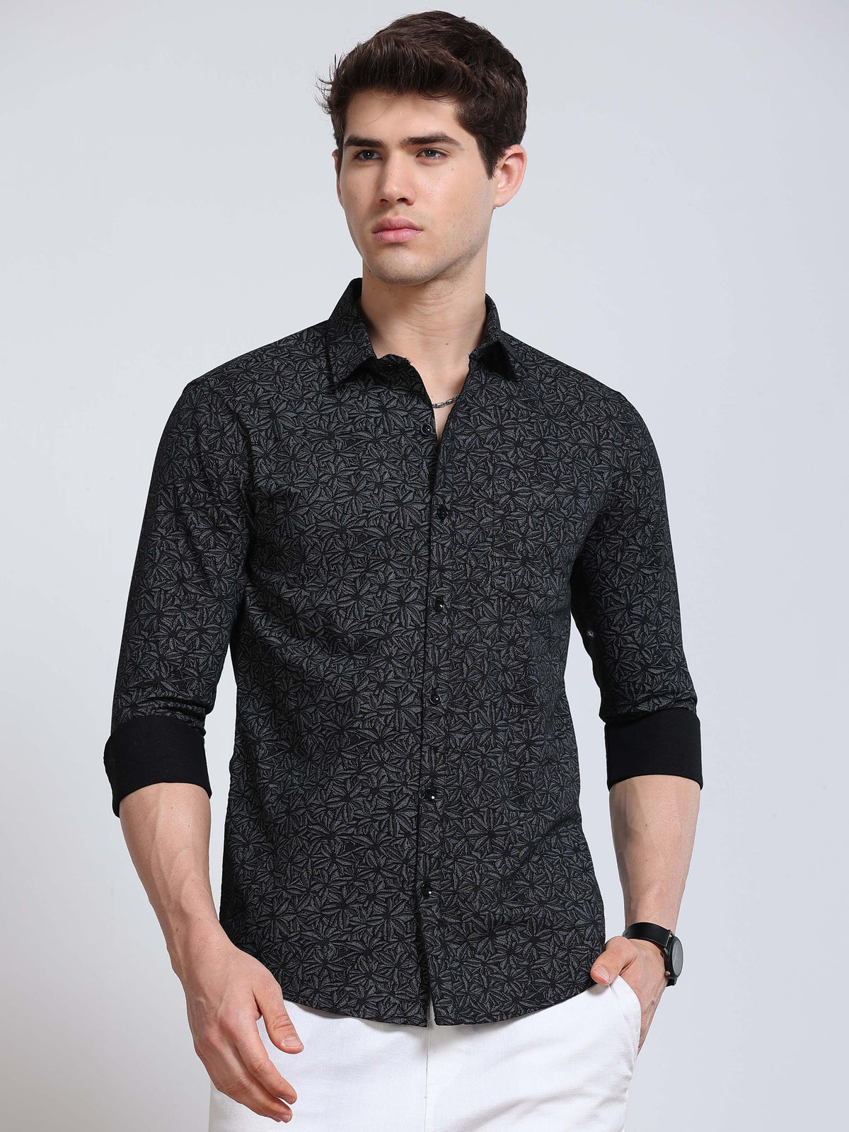 Men's Linen Black Abstract Printed Shirt