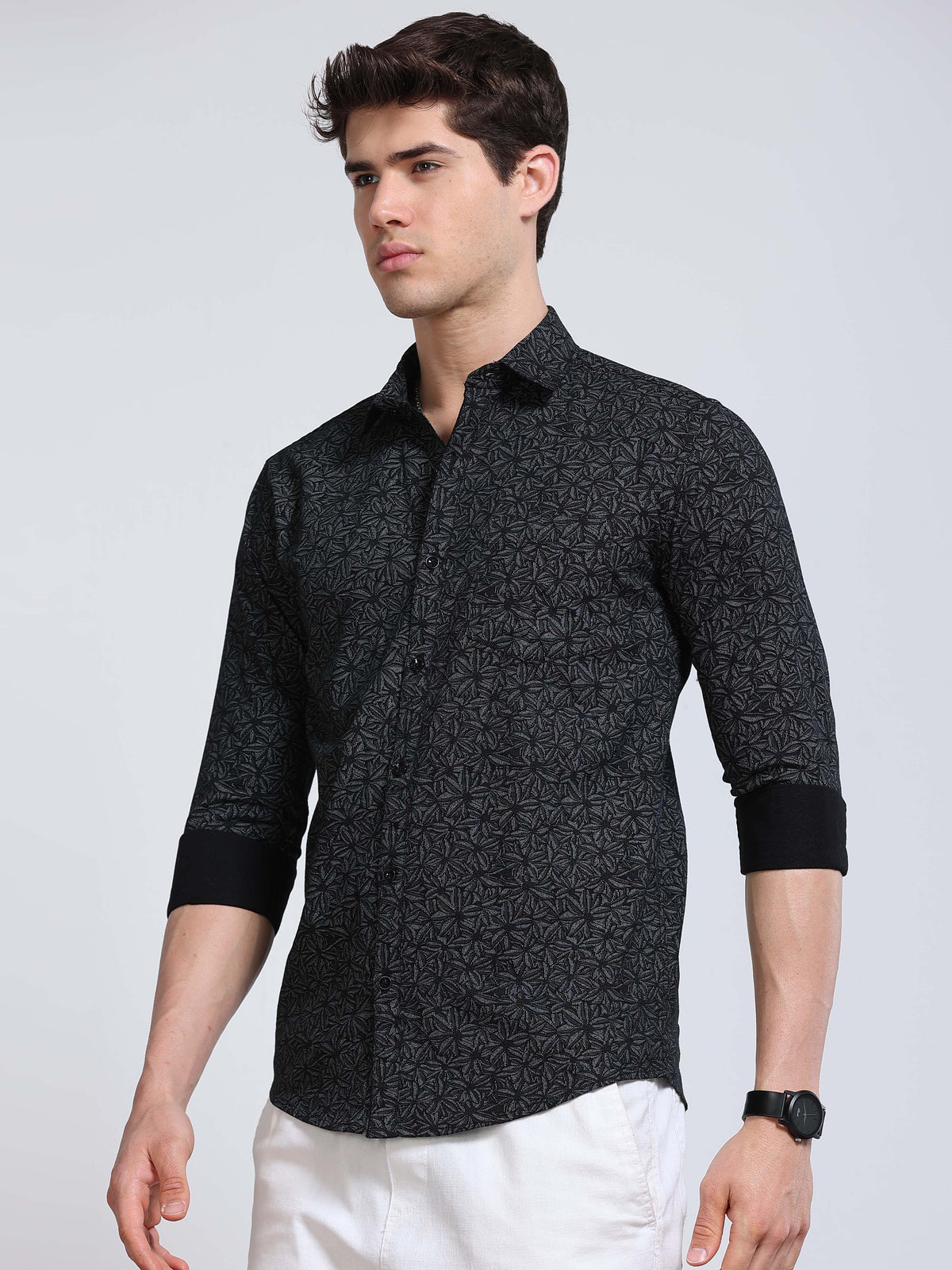 Men's Linen Black Abstract Printed Shirt