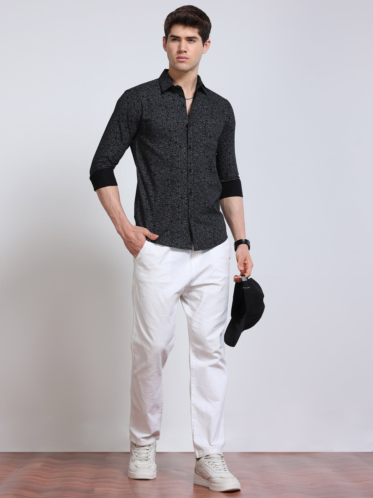 Men's Linen Black Abstract Printed Shirt