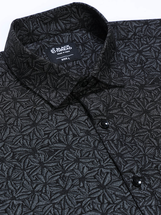 Men's Linen Black Abstract Printed Shirt
