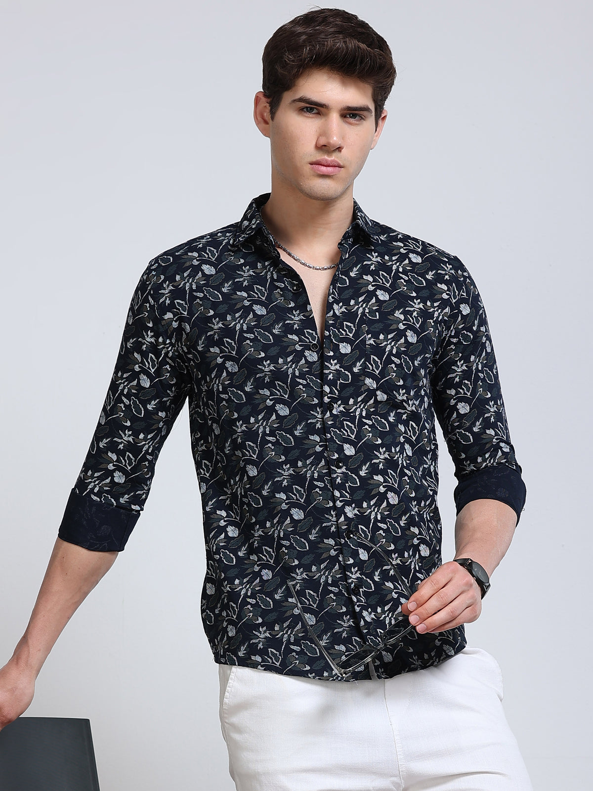 Men's Linen Navy Blue Floral Printed Shirt