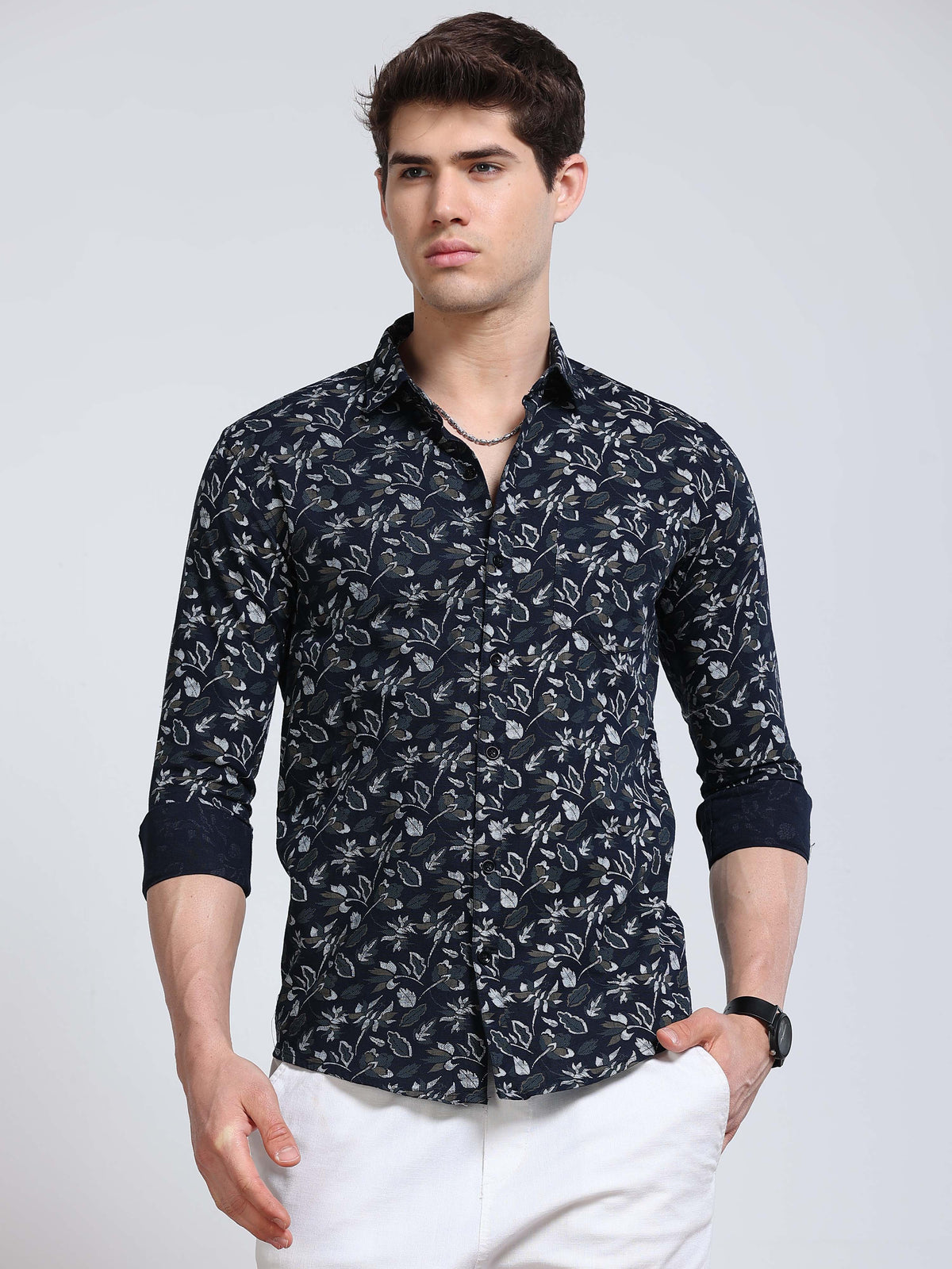 Men's Linen Navy Blue Floral Printed Shirt