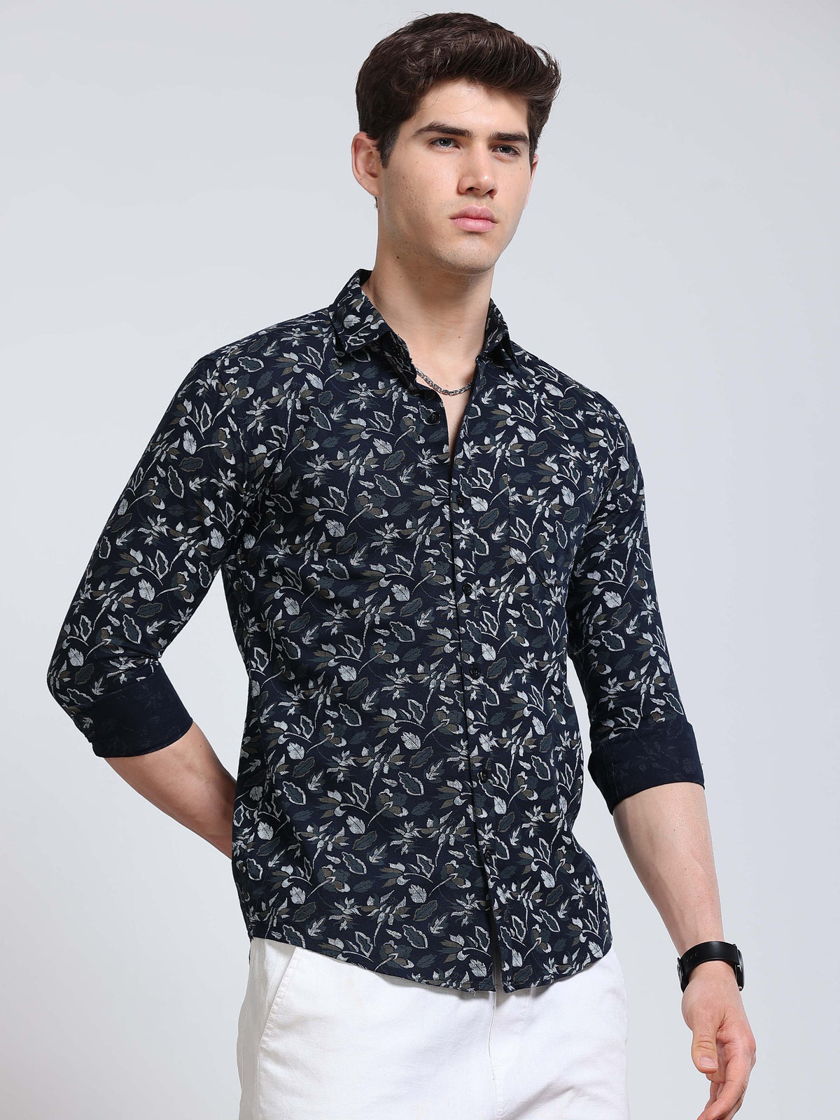 Men's Linen Navy Blue Floral Printed Shirt