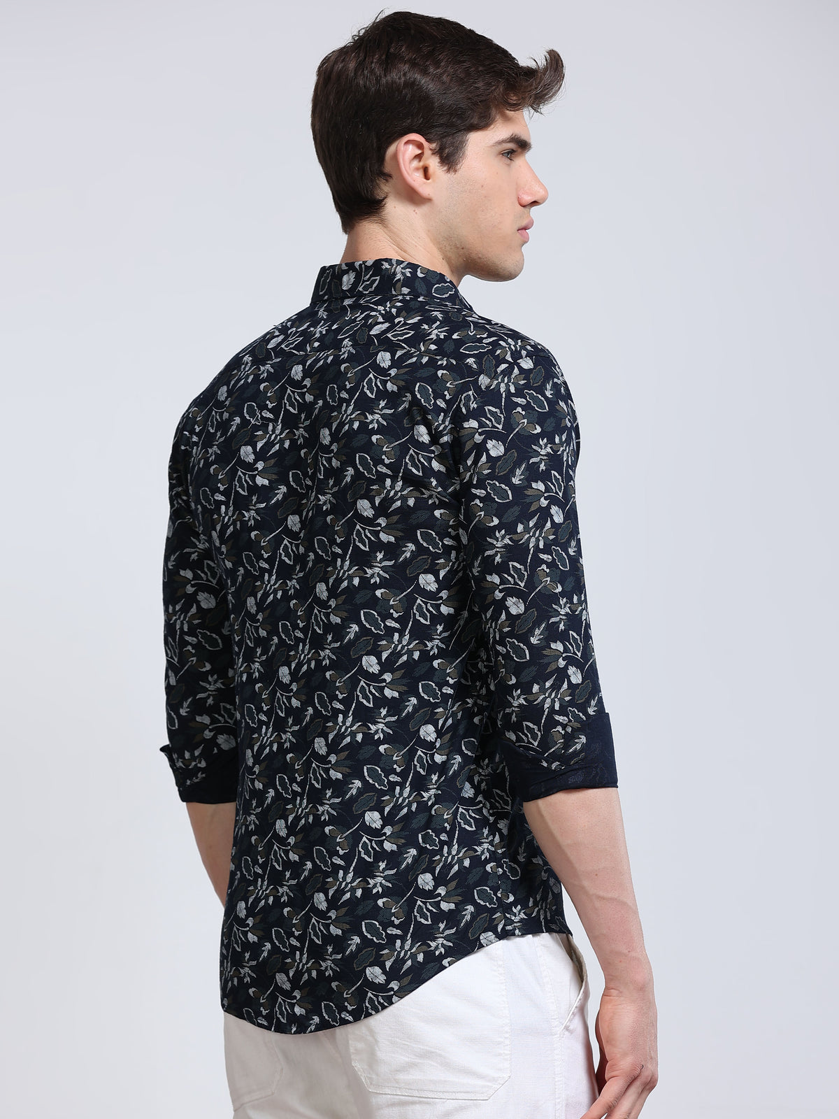 Men's Linen Navy Blue Floral Printed Shirt