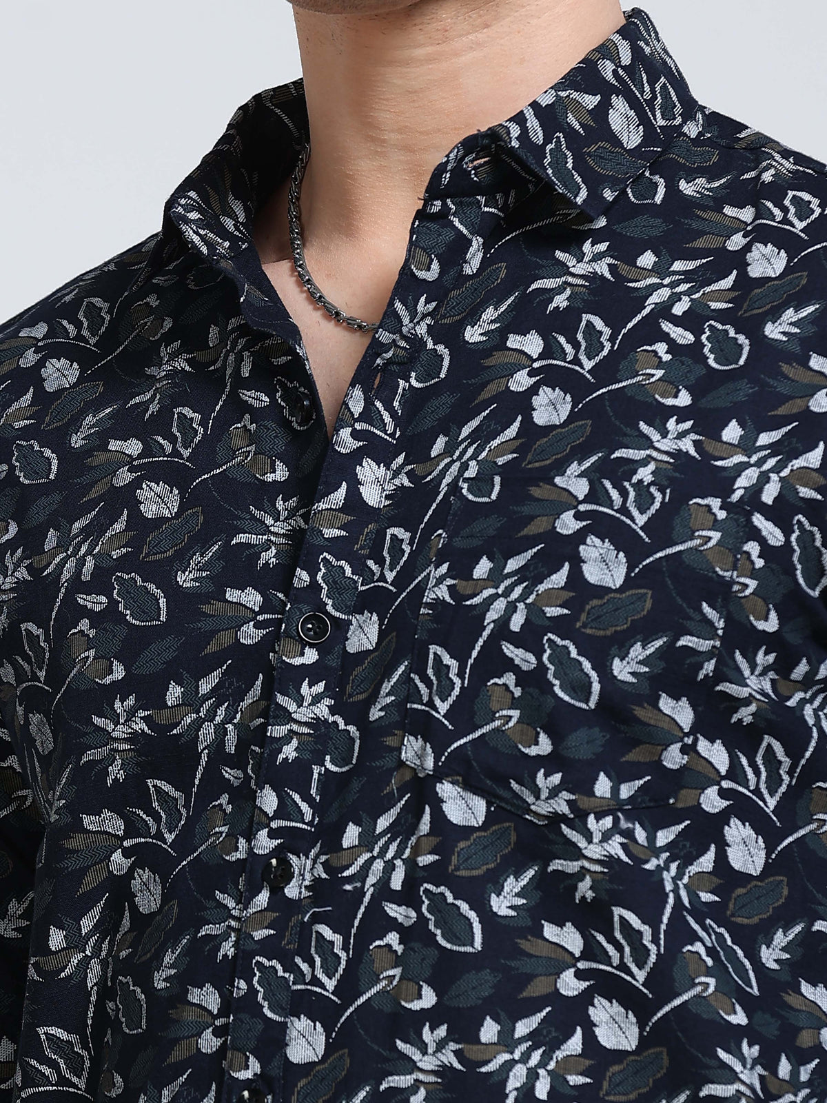 Men's Linen Navy Blue Floral Printed Shirt