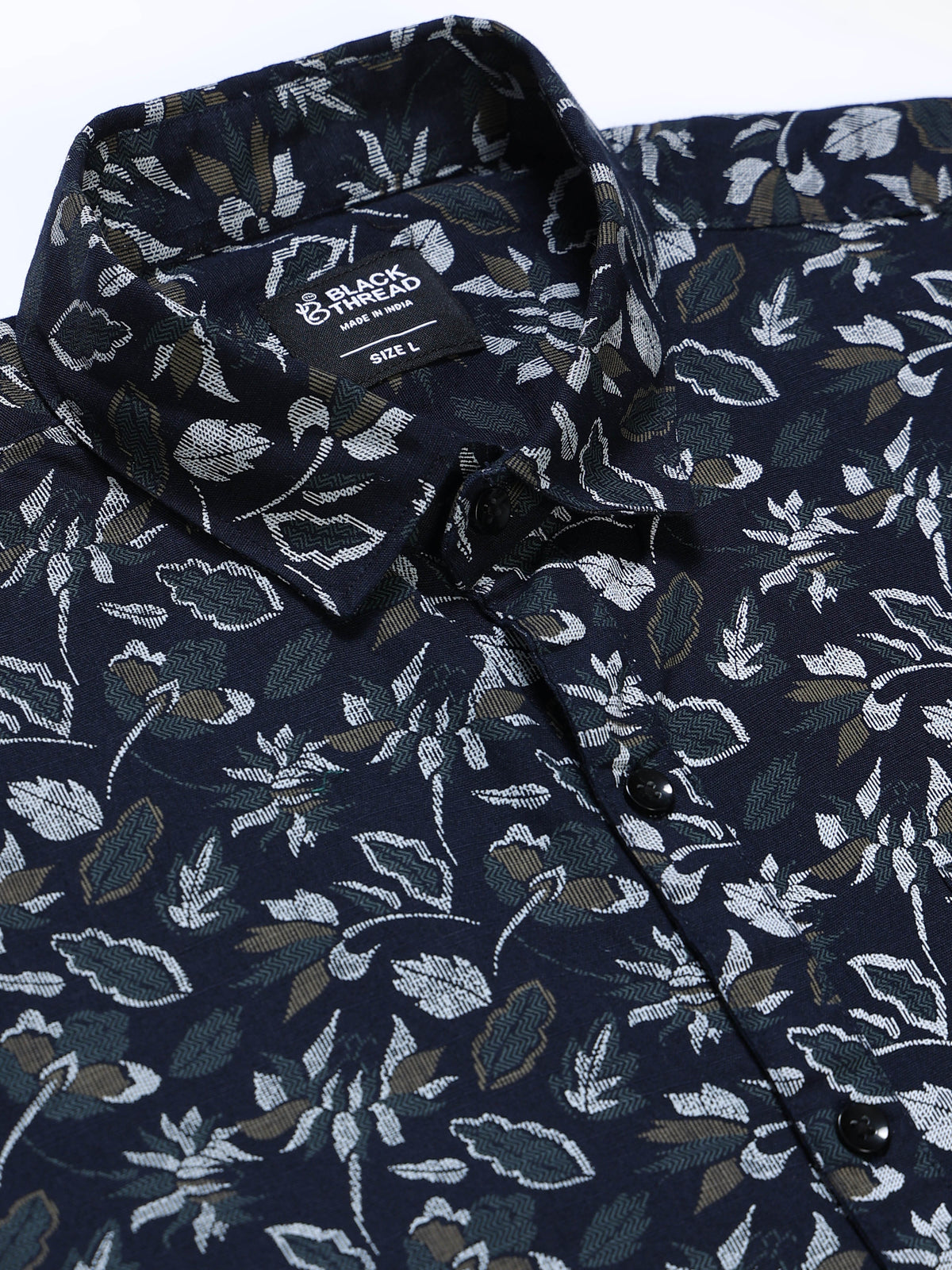 Men's Linen Navy Blue Floral Printed Shirt
